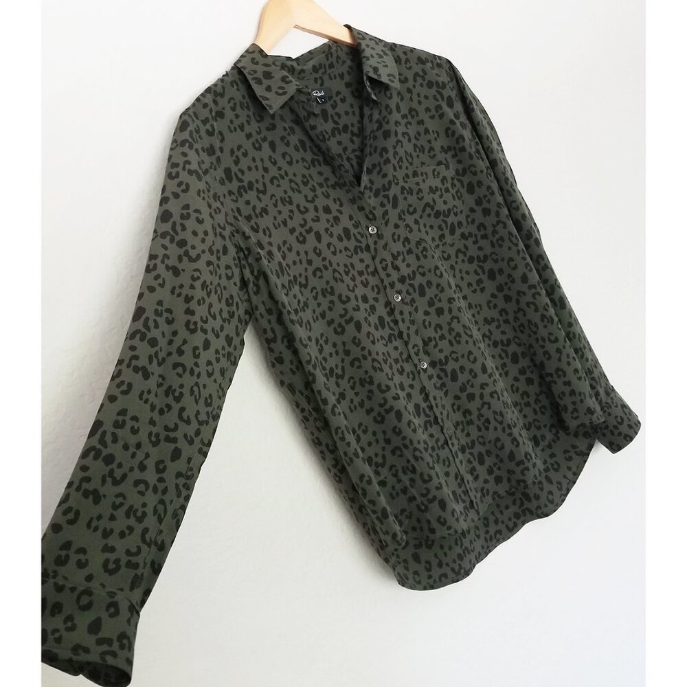 Rails Kate 100% Silk Button Down Blouse Olive Cheetah S Minimalist Designer $198 - Picture 9 of 16